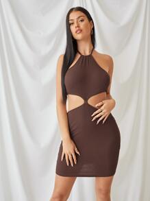 SHEIN Đầm Lộ Lưng Xù Buộc lại Gân đan màu trơn Gợi cảm - Màu nâu Sô-cô-la - Xem 5