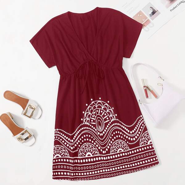 

Plus Polka Dot Plunging Neck A-line Dress, Burgundy