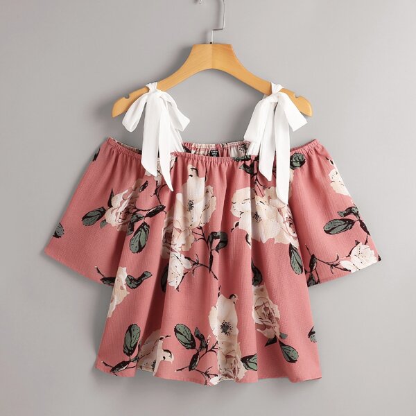

Plus Floral Knotted Cold Shoulder Blouse, Pink