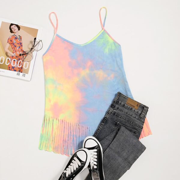 

Plus Tie Dye Fringe Trim Tank Top, Multicolor