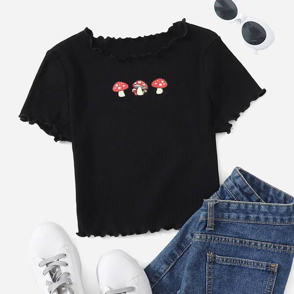 

Mushroom Print Lettuce Trim Tee, Black