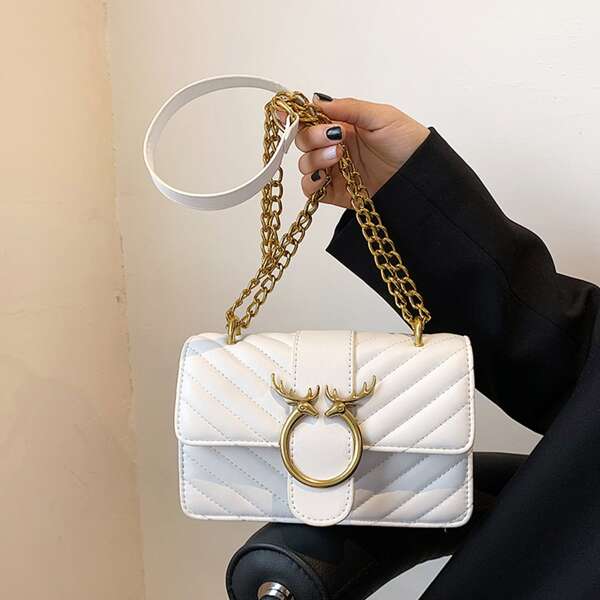 

Quilted Buckle Chain Shoulder Bag, White
