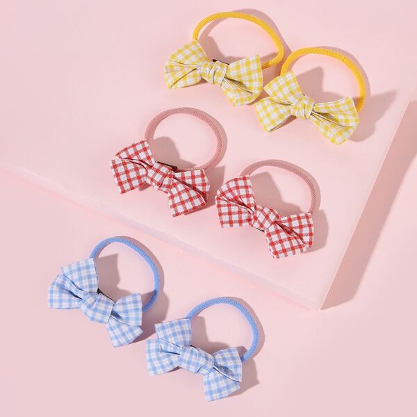 

6pcs Girls Plaid Bow Decor Hair Tie, Multicolor