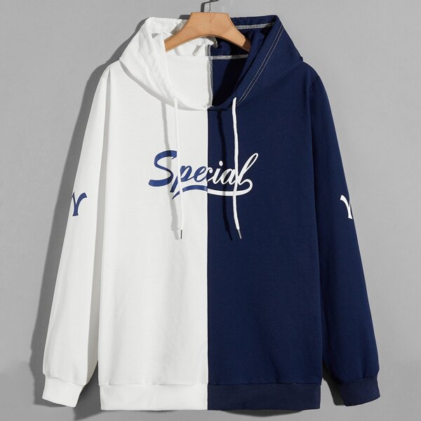 

Men Two Tone Letter Graphic Hooded Sweatshirt, Blue and white