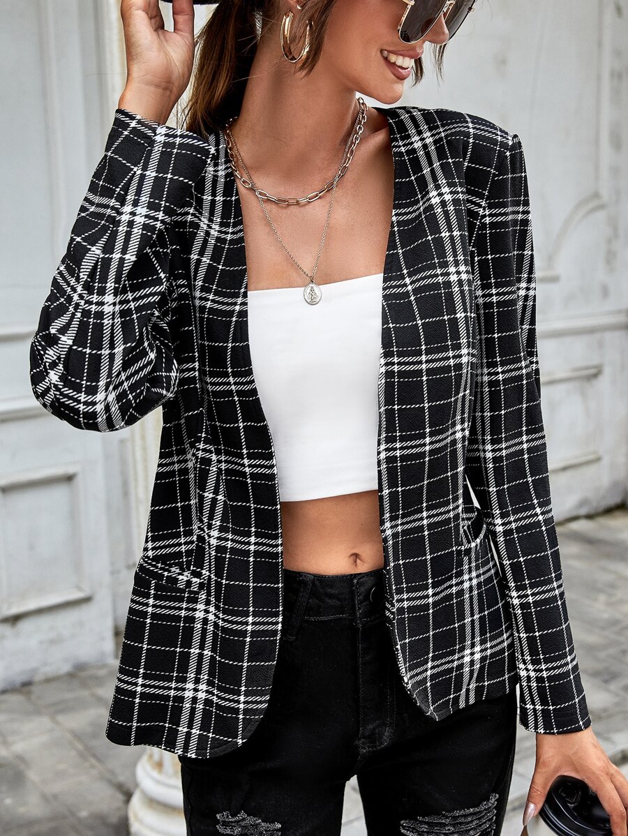 SHEIN Clasi Open Front Plaid Blazer - Black and White - View 1