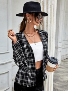 SHEIN Clasi Open Front Plaid Blazer - Black and White - View 4