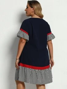 SHEIN LUNE Đầm Plus Size Viên lá sen Sọc Màu xanh hải quân Giải trí - Màu xanh hải quân - Xem 2