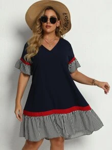SHEIN LUNE Đầm Plus Size Viên lá sen Sọc Màu xanh hải quân Giải trí - Màu xanh hải quân - Xem 8