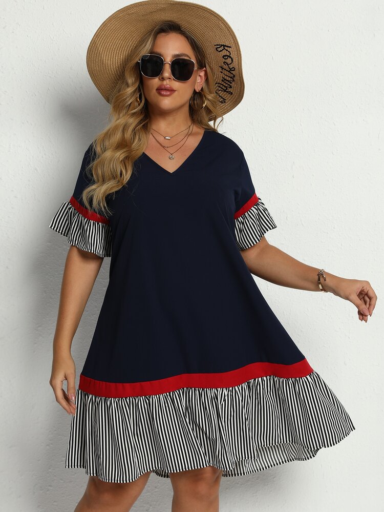 SHEIN LUNE Đầm Plus Size Viên lá sen Sọc Màu xanh hải quân Giải trí - Màu xanh hải quân - Xem 8