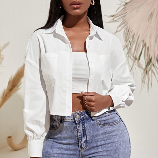 

Dual Pockets Drop Shoulder Blouse, White