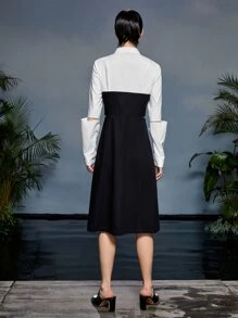 Stella Chan Vestido camisero de color combinado roto de manga con botón - Blanco y Negro - Ver 2