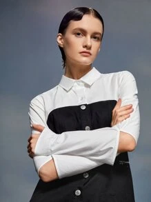 Stella Chan Vestido camisero de color combinado roto de manga con botón - Blanco y Negro - Ver 5