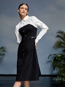 Stella Chan Vestido camisero de color combinado roto de manga con botón - Blanco y Negro - Ver 7