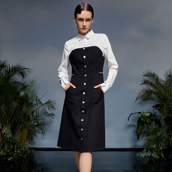 

Color Block Ripped Sleeve Button Up Shirt Dress, Black and white