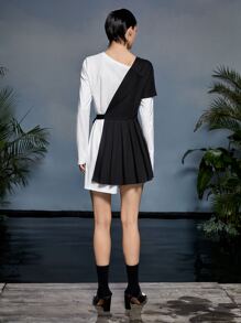 Stella Chan Two Tone Pleated Asymmetrical Hem 2 In 1 Dress - Black and White - View 2
