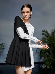 Stella Chan Two Tone Pleated Asymmetrical Hem 2 In 1 Dress - Black and White - View 3