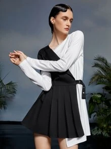Stella Chan Two Tone Pleated Asymmetrical Hem 2 In 1 Dress - Black and White - View 4
