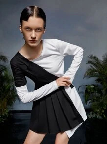 Stella Chan Two Tone Pleated Asymmetrical Hem 2 In 1 Dress - Black and White - View 5