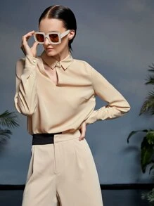 Manon Pradier Solid Cut Out Blouse - Khaki - View 4