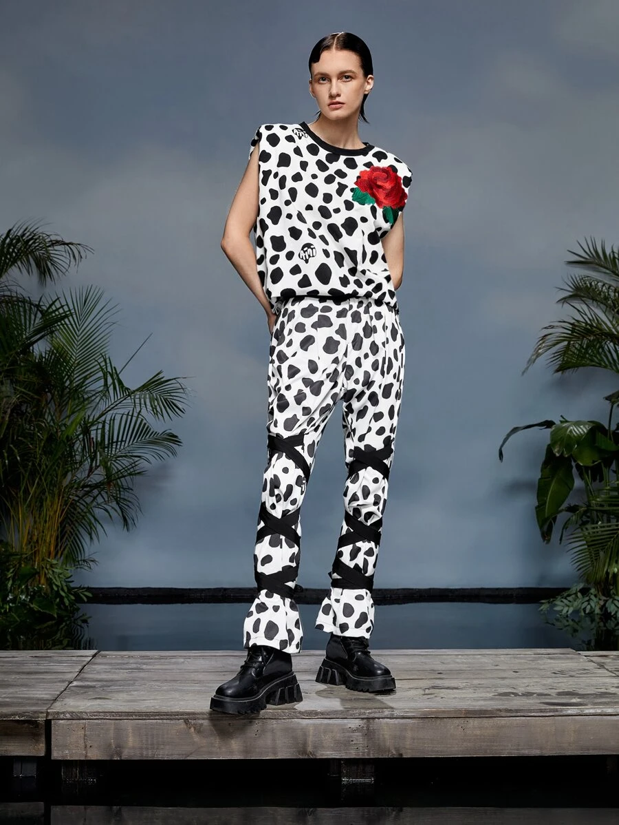 Aini Yang 斑點印花十字交叉腿部繫帶長褲 - 黑與白 - 查看 1