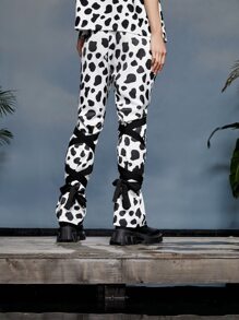 Aini Yang 斑點印花十字交叉腿部繫帶長褲 - 黑與白 - 查看 2