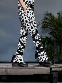 Aini Yang 斑點印花十字交叉腿部繫帶長褲 - 黑與白 - 查看 3