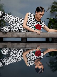 Aini Yang 斑點印花十字交叉腿部繫帶長褲 - 黑與白 - 查看 4