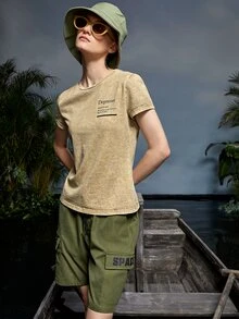 R07 標語圖案T恤 - 卡其色 - 查看 3