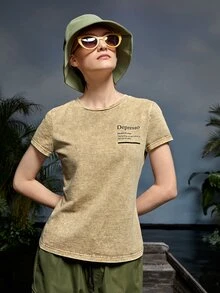 R07 標語圖案T恤 - 卡其色 - 查看 4