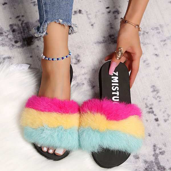 

Colorblock Striped Pattern Fluffy Slides, Multicolor