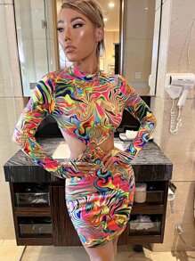 SHEIN Marble Print O-ring Cut Out Bodycon Dress - Multicolor - View 1