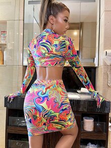 SHEIN Marble Print O-ring Cut Out Bodycon Dress - Multicolor - View 2