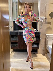 SHEIN Marble Print O-ring Cut Out Bodycon Dress - Multicolor - View 3