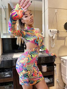 SHEIN Marble Print O-ring Cut Out Bodycon Dress - Multicolor - View 5