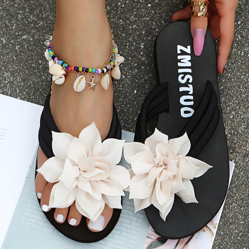 

Floral Decor Flip Flops, Beige