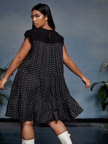 laNODO Plus Paper Boat Print Ruffle Sleeve Smock Dress - Black - View 2