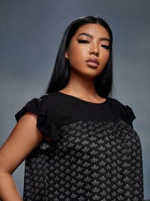 laNODO Plus Paper Boat Print Ruffle Sleeve Smock Dress - Black - View 3