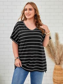 EMERY ROSE Áo thun Plus size Sọc Giải trí - Đen và trắng - Xem 3