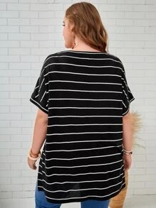 EMERY ROSE Áo thun Plus size Sọc Giải trí - Đen và trắng - Xem 2
