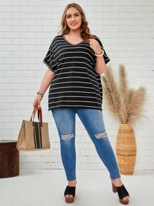 EMERY ROSE Áo thun Plus size Sọc Giải trí - Đen và trắng - Xem 4
