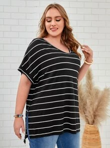 EMERY ROSE Áo thun Plus size Sọc Giải trí - Đen và trắng - Xem 5