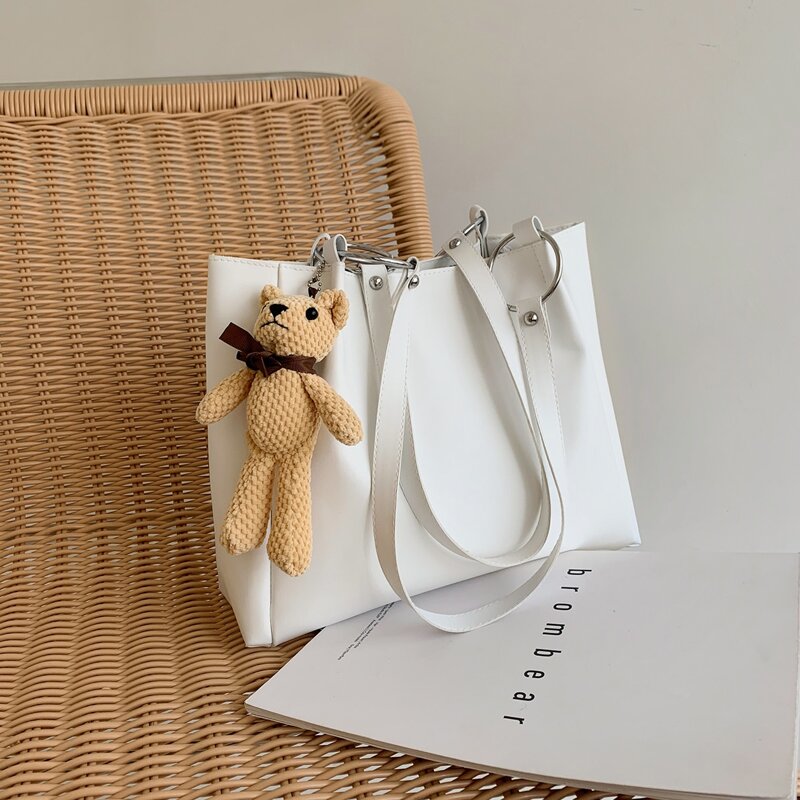 

Cartoon Bear Decor Tote Bag, White