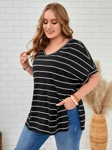 EMERY ROSE Áo thun Plus size Sọc Giải trí - Đen và trắng - Xem 1