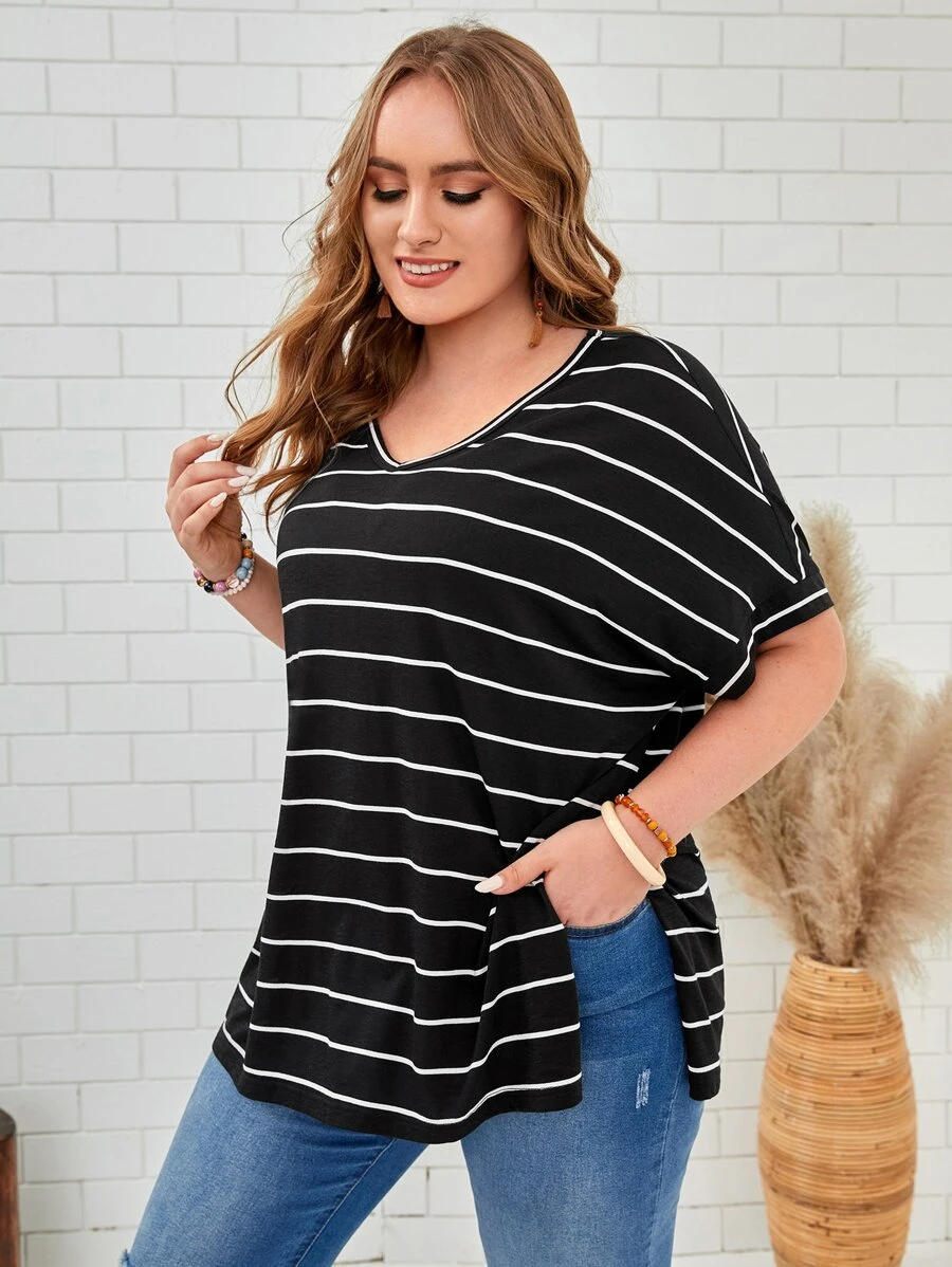 EMERY ROSE Áo thun Plus size Sọc Giải trí - Đen và trắng - Xem 1