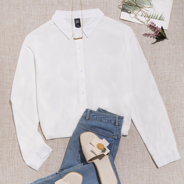 

Plus Solid Button Front Blouse, White