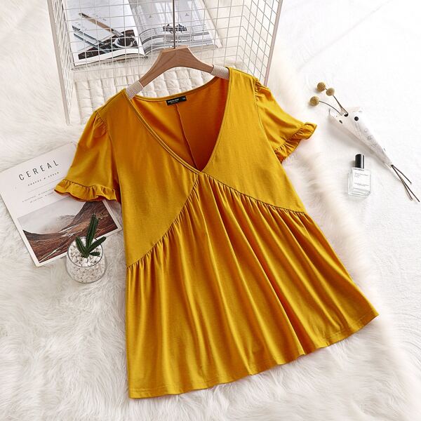 

Plus Solid Plunging Neck Babydoll Tee, Yellow