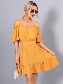 SHEIN Cold Shoulder Lace Trim Tied Backless Dress - Yellow - View 1