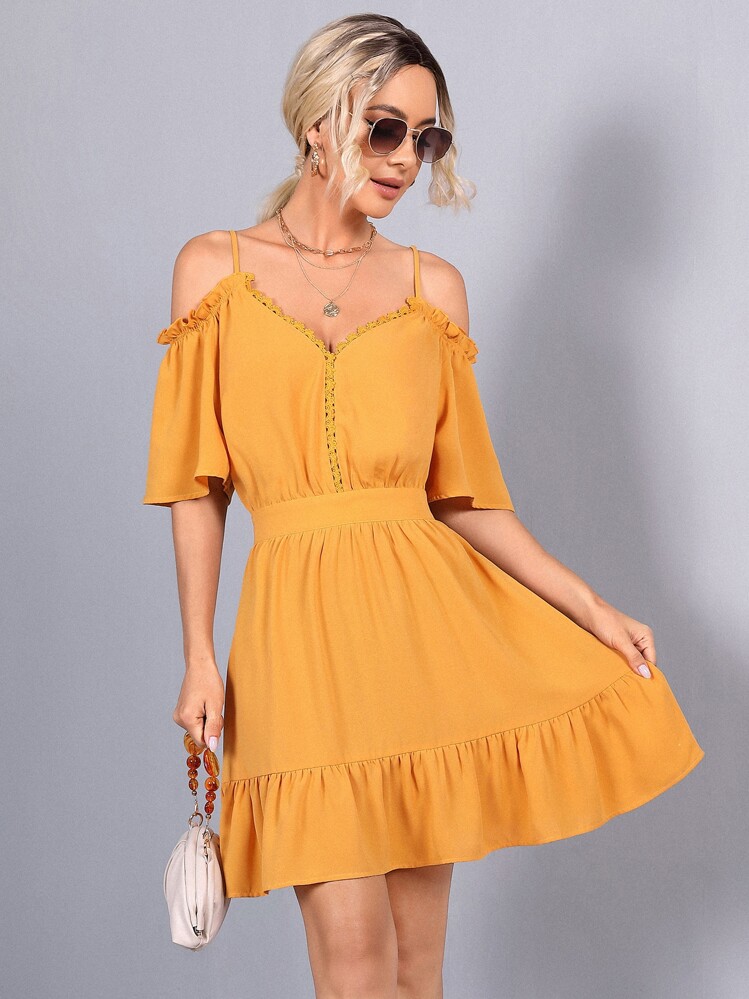 SHEIN Cold Shoulder Lace Trim Tied Backless Dress - Yellow - View 1