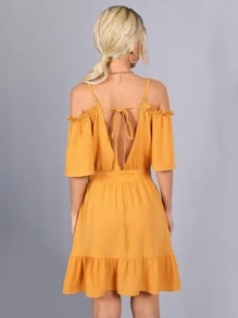 SHEIN Cold Shoulder Lace Trim Tied Backless Dress - Yellow - View 2