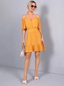 SHEIN Cold Shoulder Lace Trim Tied Backless Dress - Yellow - View 3